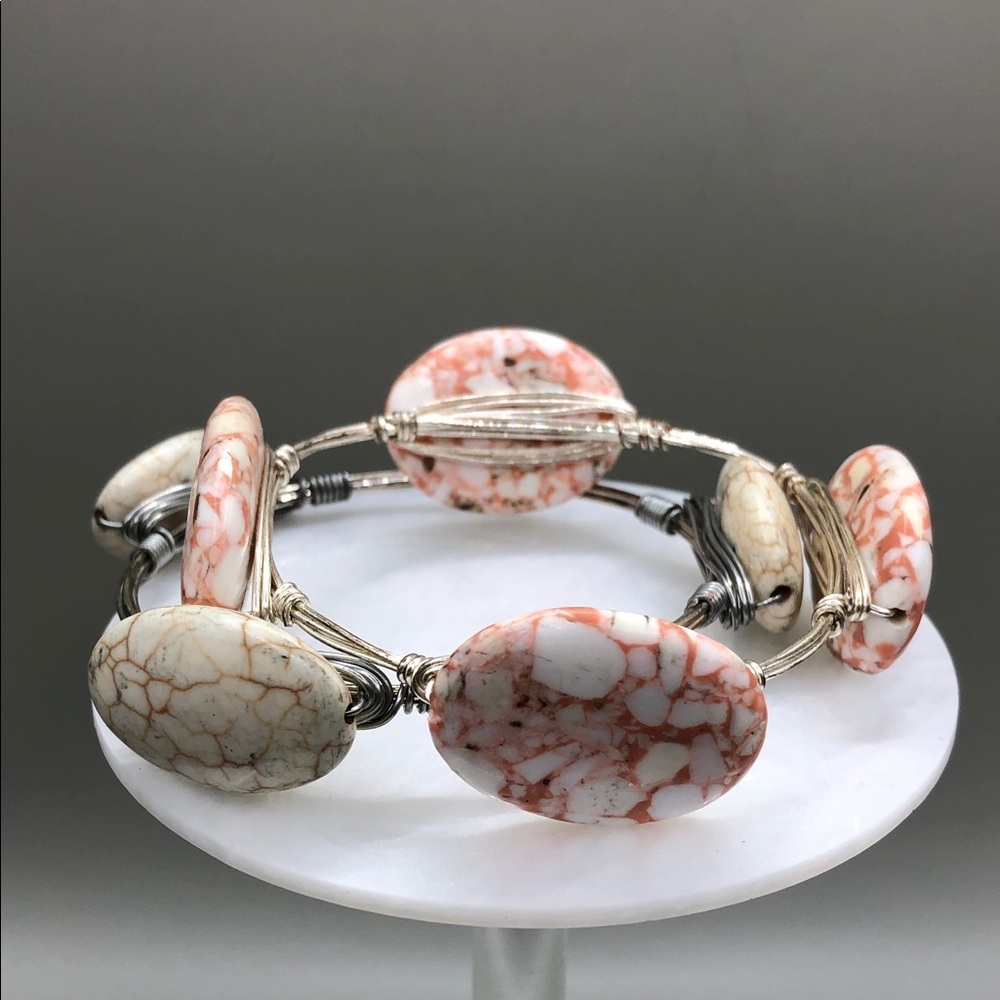 Bundle 2 wire stone bangle bracelets jasper and howlite boho layering stack.